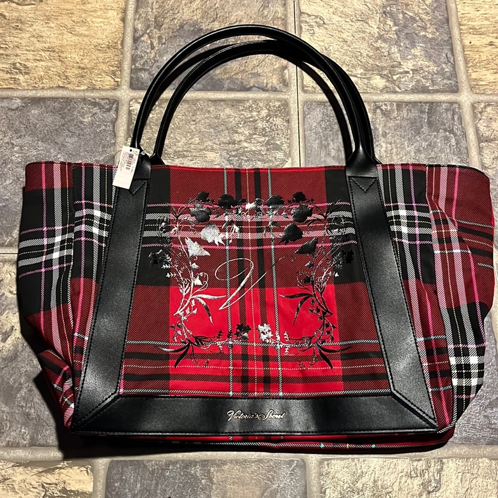 Victoria Secret Tote, New, Black and Red Plaid